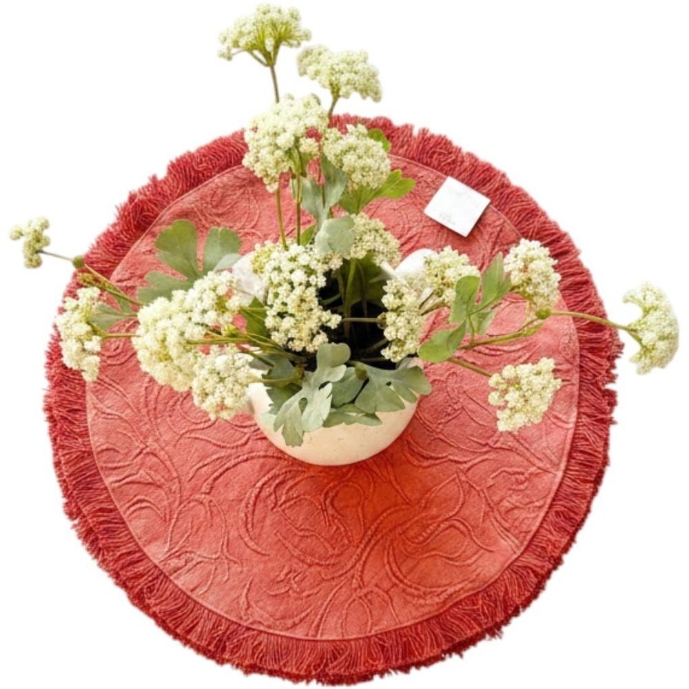 Shabby Chic Set of 4 Round Placemats ~ Brick Red Textured Fringe 17" Cotton Poly - Picture 2 of 5
